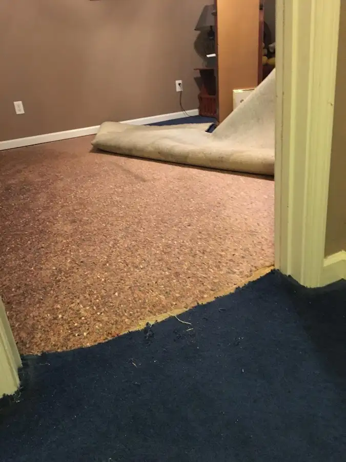 Carpet pad removal revealing water damage during Water Mitigation Services in Pembroke